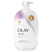OLAY Age Defy body wash pump bottle, white bottle with gold vitamin drop logo