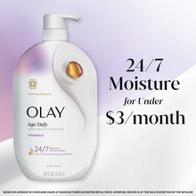 Olay Age Defy body wash bottle with “24/7 Moisture for Under $3/month” text