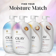 Four OLAY body wash bottles with pump, moisture match lineup.