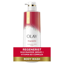 Olay Regenerist niacinamide body wash bottle with gold pump, red-and-white label