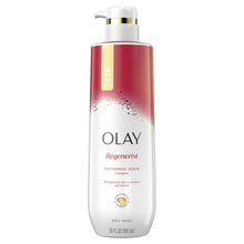 Olay Regenerist niacinamide body wash bottle with gold pump, red-and-white