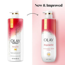 Olay body wash bottle set, white and red bottles with gold pumps