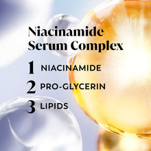 Niacinamide serum complex droplets in golden and white tones