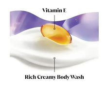 Creamy body wash with vitamin E droplet illustration on label
