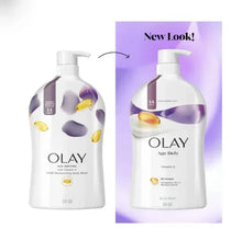 Body wash pump bottles, white with purple graphics and gold drop accents