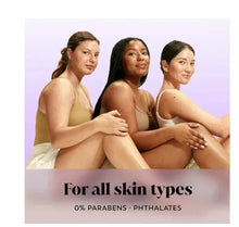 Three women with bare shoulders, relaxing in a skincare promotion