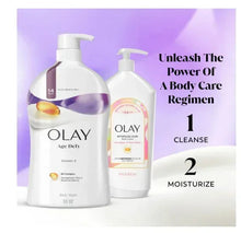 Two body wash pump bottles with steps for cleanse and moisturize