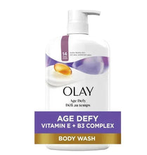 Body wash pump bottle, white with purple label band and gold drop accents