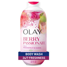 Olay Berry Passionate body wash bottle, pink gel with fruit illustrations