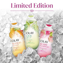 Assorted Olay body wash bottles in ice display, including Berry Passionate
