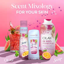 Set of Olay body wash and skincare bottles with passionfruit and guava scents