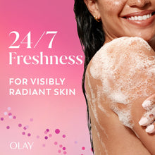 Body wash foam on skin with smile, 24/7 freshness for radiant skin
