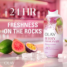 Olay Berry Passionate body wash bottle with 24/7 freshness badge