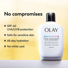 Facial moisturizer SPF 40 bottle showing UVA/UVB protection on label.
