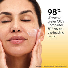 Facial moisturizer applied to skin; hands gently smoothing cream (SPF 40 callout).