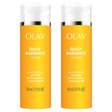 Two Olay Daily Radiance Lotion bottles, lightweight vitamin C + niacinamide