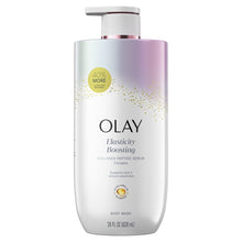 Olay Elasticity Boosting body wash bottle, white with purple top band