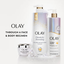 Olay body wash trio display with pump bottle, lotion bottle, and jar