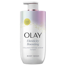 Olay Elasticity Boosting body wash bottle with pump, white bottle and purple cap band