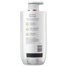 Olay body wash bottle back label with barcode and ingredients text, white with purple cap