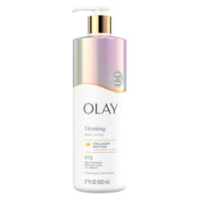 Olay firming body lotion bottle front view with gold top and collagen peptide badge
