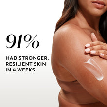 Body lotion application on shoulder with smooth white gel swipe