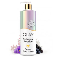 Olay firming body lotion bottle with gold pump, collagen peptide label