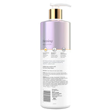 Olay firming body lotion bottle back label with ingredient and usage text area