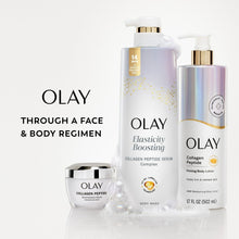Olay body wash and skincare set on display, bottles with gold pumps and labels