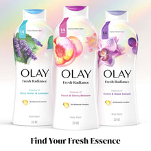 Three Olay Fresh Radiance body wash bottles with different essence illustrations