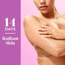 Radiant skin promo graphic with hands on bare shoulders, 14 days text