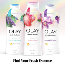 Three Olay Fresh Outlast body wash bottles with lavender, strawberry, and orchid labels