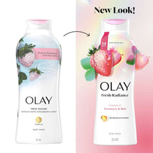 Two Olay body wash bottles in white, one shown with strawberry & mint label