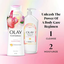 Two Olay Fresh Outlast body wash bottles, white with strawberry & mint label
