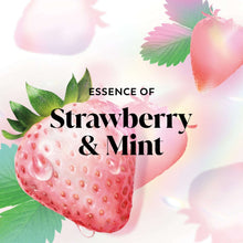 Strawberry and mint essence product graphic with strawberry and green leaves