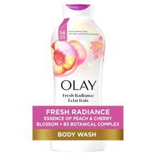Body wash bottle with purple cap, Peach & Cherry Blossom label and fruit graphics