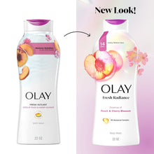 Two Olay Fresh Radiance body wash bottles with purple cap and Peach & Cherry Blossom