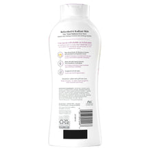 Women's body wash bottle with white label and clear pump cap, 22 fl oz