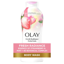 Olay body wash bottle, white with strawberry & mint pink label, 22 fl oz