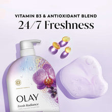 Olay Fresh Radiance body wash bottle with orchid & black currant, vitamin B3 blend