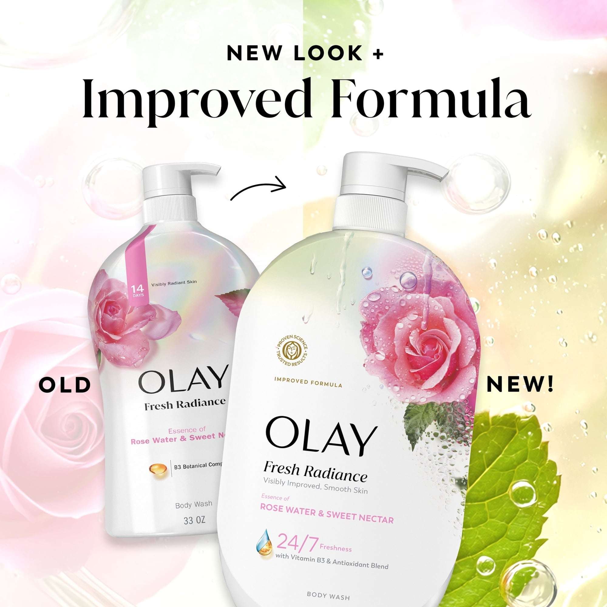 Olay Fresh Radiance Body Wash, Rose Water & Sweet Nectar, with Vitamin B3, 35oz