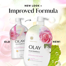 Olay Fresh Radiance body wash bottles, featuring rose water design and pump