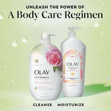 Olay Fresh Radiance body wash bottles with pump, rose water floral graphics