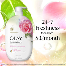 Olay Fresh Radiance body wash bottle with rose graphic and pump dispenser