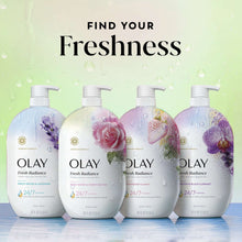 Olay Fresh Radiance body wash bottles in a row with rose water style graphics