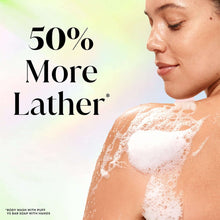 Foamy body wash lather on skin on a person’s shoulder and arm