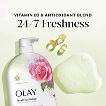 Olay Fresh Radiance body wash bottle with rose graphic and soap-like foam