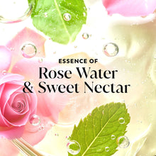 Rose water and sweet nectar body wash concept with rose petals and bubbles