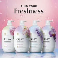 Four body wash bottles with pumps, Olay Fresh Radiance assortment and “find your freshness”