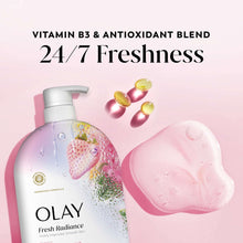 Body wash bottle with pump and pink gel dollop, strawberry & mint freshness graphic